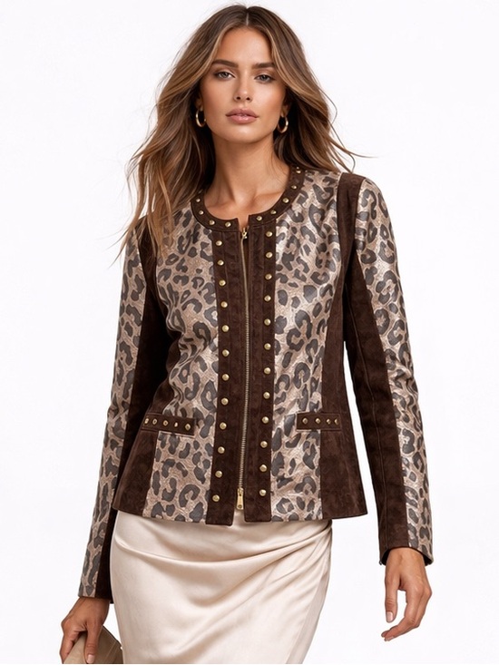 Sharif 1927 Couture Jackets & Blazers - Animal Leopard Print Leather Suede Jacket Studded Military Style Zip Front M